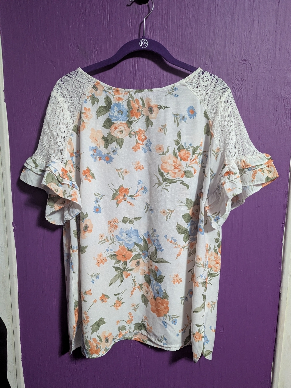 💜 Doe & Rae White Floral Short Ruffle Lace Sleeve Knit Blouse XL 1X